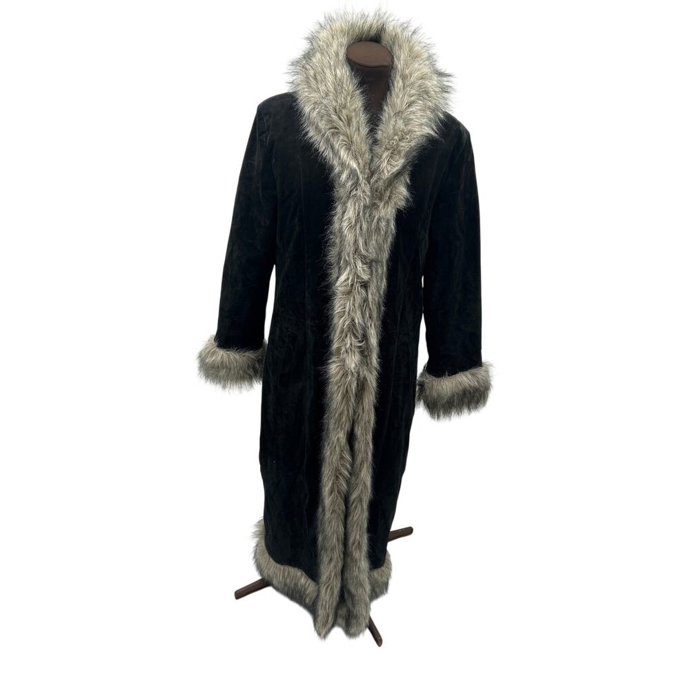 Paradox Black Leather Long Coat Faux Fur Trim Women’s Size 12 Full Length